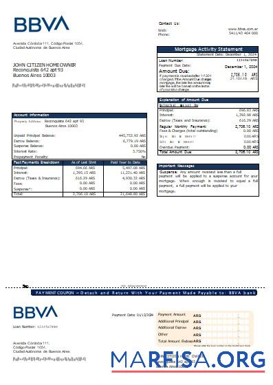 Realistic Argentina BBVA bank mortgage statement scr sample